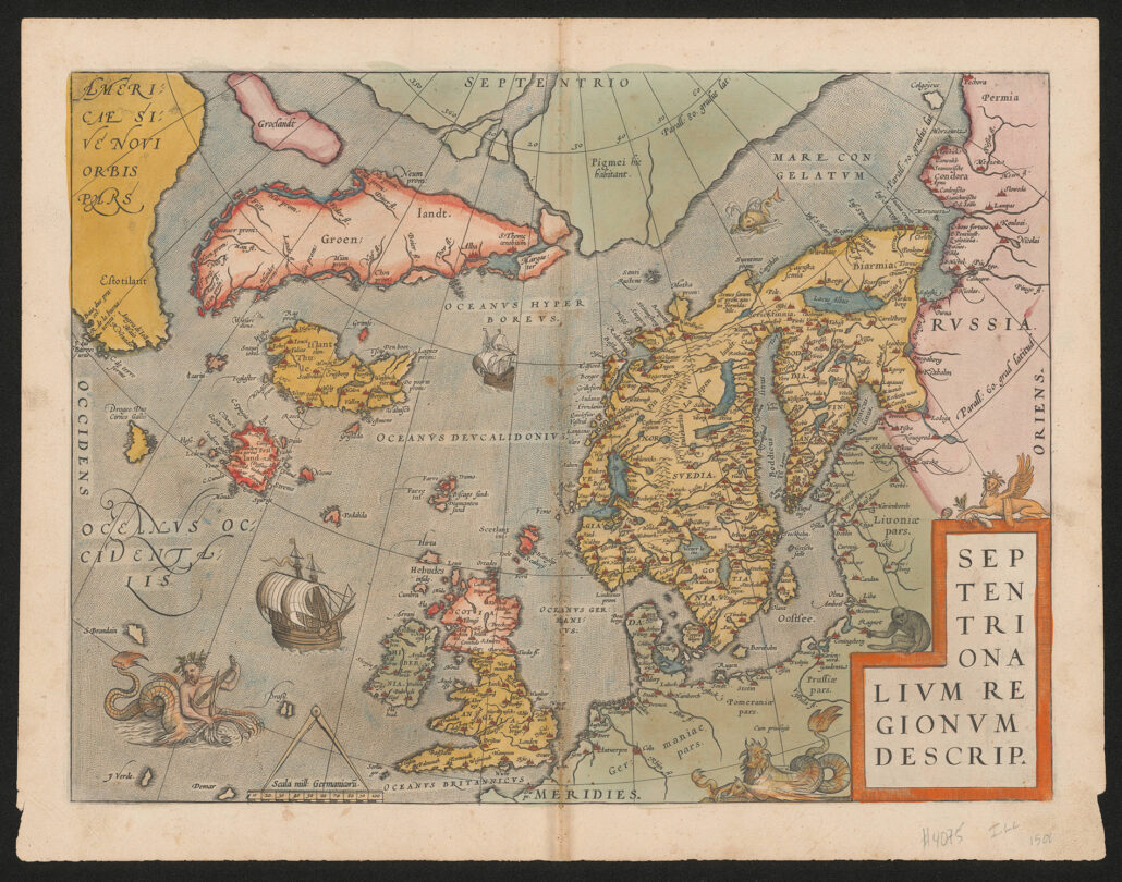 Kartet fremstiller datidens forståelse av de nordlige landenes geografi. 