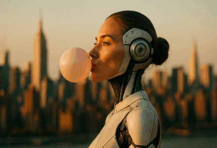 AI boble børsen aksjemarkedet AI-aksjer en cyborg blåser en boble