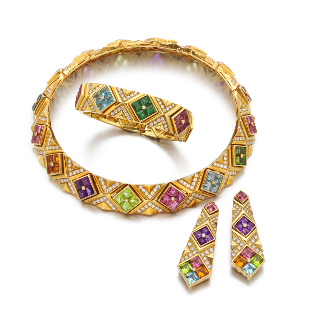 Bulgari, Gem set and diamond parure, ‘Carré', 1980s Lot Sold for 177,800 CHF