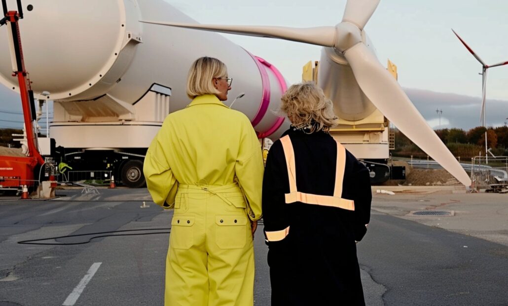 to damer i en vindmøllepark